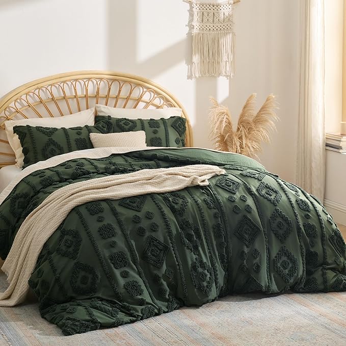 Bedsure Boho Duvet Cover King - Dark Green Tufted Boho Bedding, Farmhouse Shabby Chic Embroidery Bedding for All Seasons, 3 Pieces, 1 Soft Jacquard King Comforter Cover and 2 Pillow Shams
