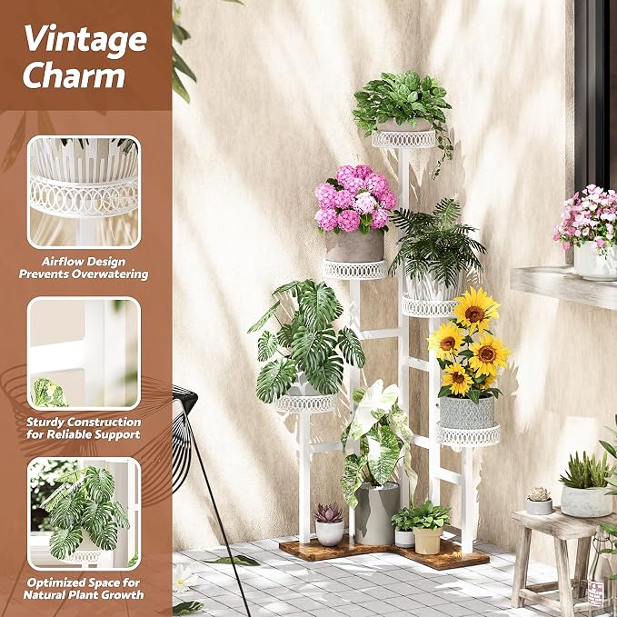 Plant Stand Indoor Outdoor, 6 Tier Tall Metal Wood Shelf Holder Display Rack Flower Pot Stand for Patio Garden Balcony Living Room Bedroom