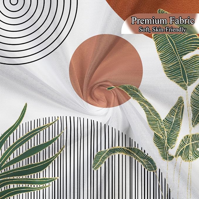 Mid Century Boho Shower Curtain, Abstract Modern Sun Minimalist Aesthetic Shower Curtain, Bohemian Geometric Arch Curve Leaves Neutral Art Fabric Bathroom Curtains Orange 60x72 inch