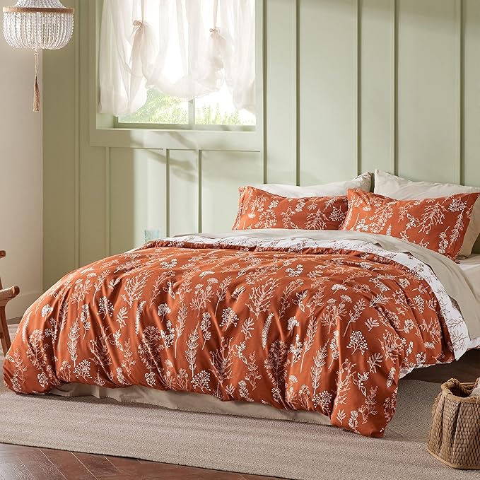 Bedsure Queen Comforter Set - Terracotta Bed Set, 3 Pieces Cute Floral Bedding, 1 Soft Reversible Botanical Flowers Comforter and 2 Pillow Shams