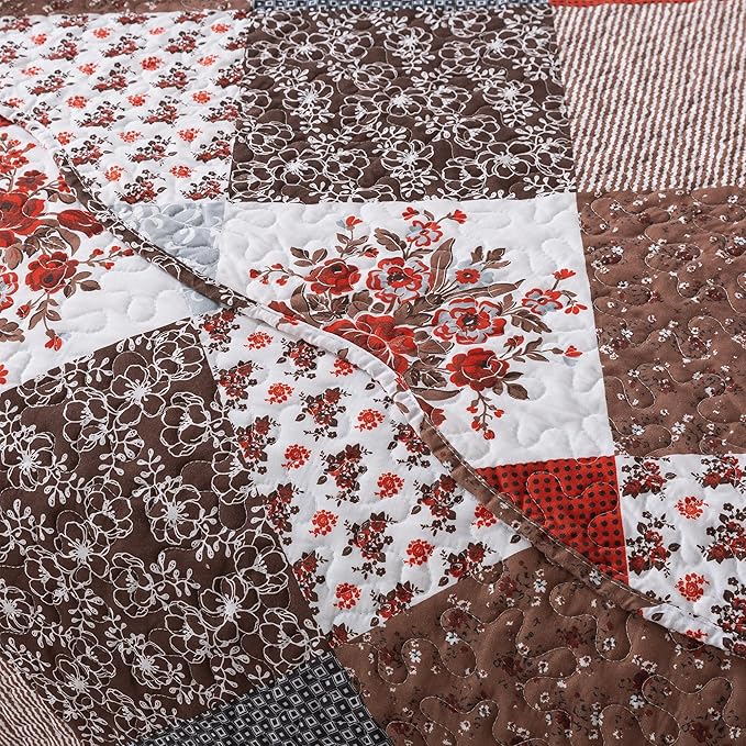 HoneiLife Quilt Set Queen Size - 3 Piece Microfiber Bedspread Reversible Coverlet Patchwork Bedding Set Lightweight Bedcover Floral Bedspreads All Season Quilts-Amaranth Red