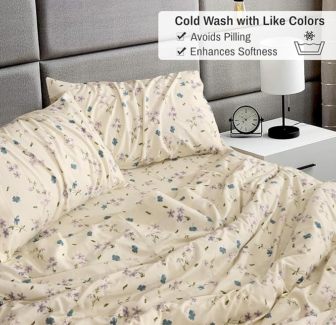 RUVANTI Flannel Sheets Full Size - 100% Cotton Double Brushed Bed Sheets Set, Deep Pockets 16 Inches, All Seasons Breathable & Extra Soft Full Sheets, Warm & Cozy, 4 Piece, Jasmine Stamp Cream