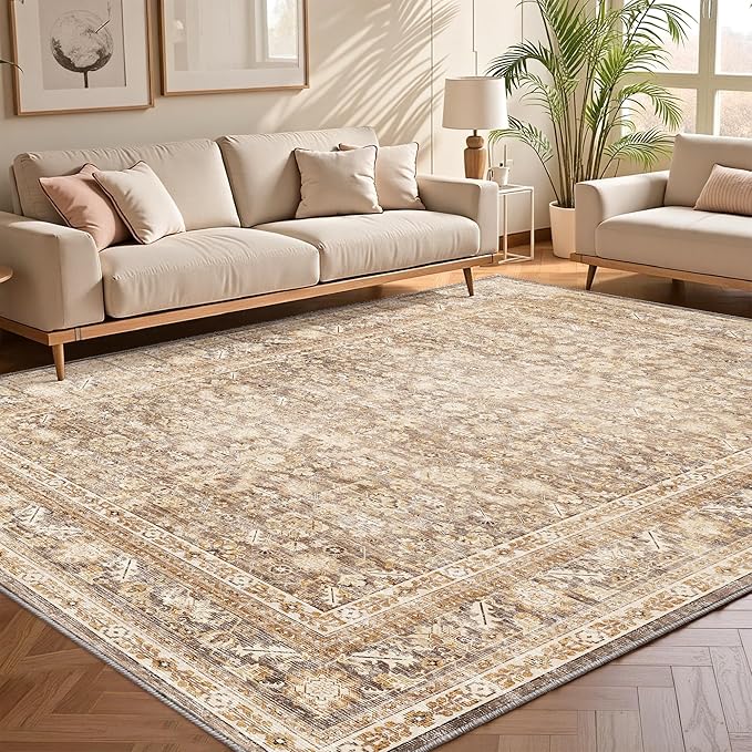 OPPODREAM Vintage Beige Area Rugs 4x6, 4 x 6 Retro Washable Rug Non Slip, Low-Pile Faux Wool Carpet, Distressed Tan Floor Mat for Living Room, Bedroom, Kitchen, Office, Dorm, Dinning Room