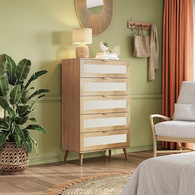 WLIVE Rattan Dresser for Bedroom, 50" Tall 5 Drawer Wooden Chest of Drawers, Boho Dresser Closet Storage Organizer for Living Room, Hallway, Light Oak