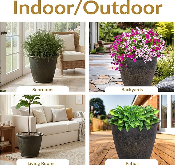 Sunnydaze 24-Inch Anjelica Large Plastic Pot for Plants - Double-Walled Outdoor Polyresin Round Planter Porch Pot with Drillable Drainage Holes - Sable