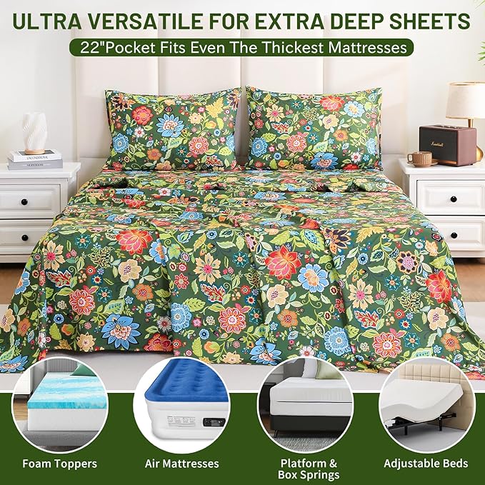Bedlifes Extra Deep Pocket 18-24" Queen 4-Piece Sheet Set - Cooling Sheets Blend Rayon Derived from Bamboo Soft & Breathable Floral Dark Green