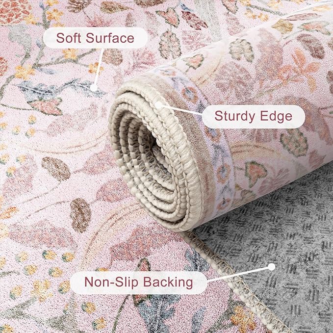 AMTOVO 9x12 Washable Area Rugs for Living Room, Non-Slip&Non-Shedding Floral Large Soft Boho Vintage Print Carpet for Bedroom Girls Room Dorm Dining Room Farmhouse Nursery Home Office, Pink