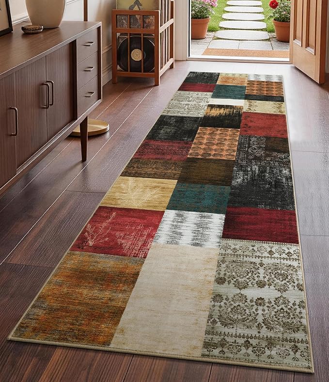 YIHOUSE Mid Century Modern Vintage Cowboy Runner Rug 2x6,Retro Patchwork Bedroom Rug,Red and Brown Floral Farmhouse Rugs Washable for Hallway Non Slip,Geometric Boho Area Rugs for Living Room
