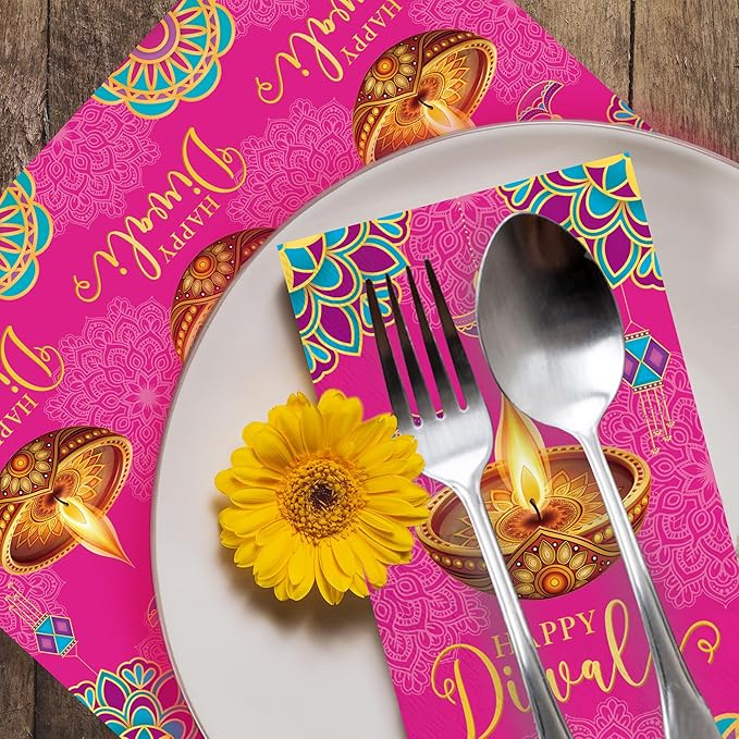 100pcs Happy Diwali Napkins 3 Ply Diwali Paper Napkins Decorations Disposable Absorbent Hand Towels for Bathroom Cocktail Napkins for Diwali Light Festival Indian Party Supplies