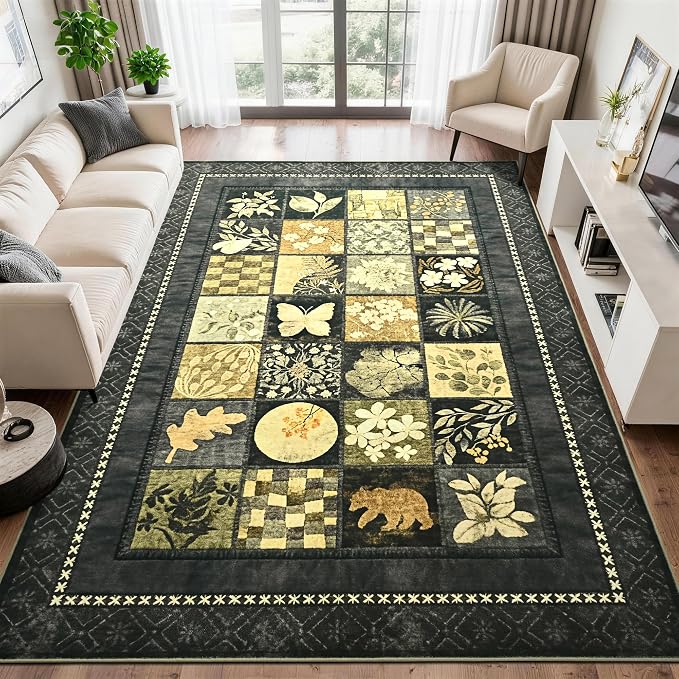 Tepook 8x10 Area Rugs for Living Room, Modern Large Geometric Rug for Bedroom, Washable Patchwork Rug Indoor Non Slip Throw Carpets for Dining Room Office Farmhouse Home Decor, Dark Grey