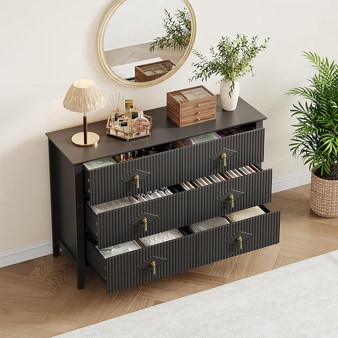 GarveeHome Fluted Dresser for Bedroom, 47.2 Inch Wide 6-Drawer Wood Dresser, Modern Chest of Drawers, Storage Organizer Cabinet for Living Room, Hallway, Entryway, Black