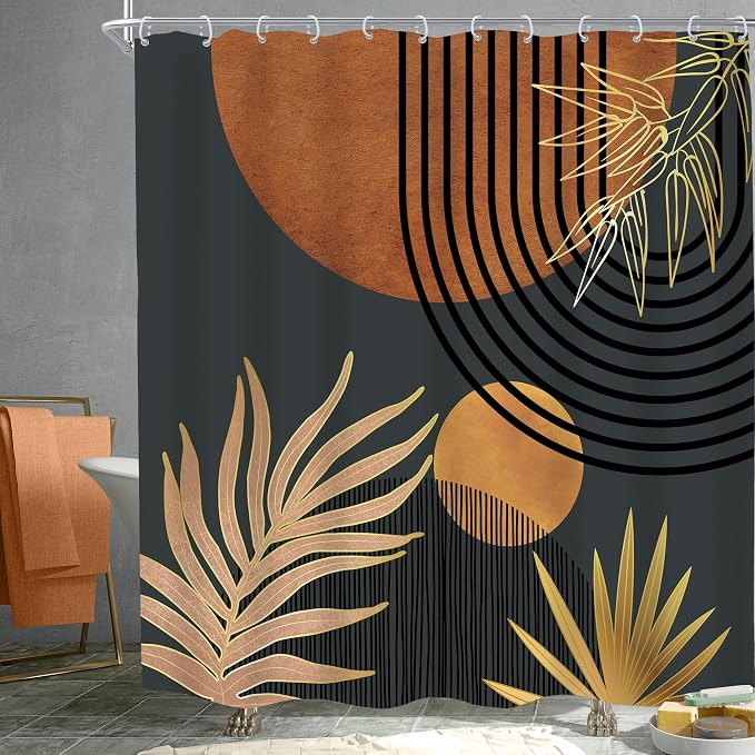 KOMLLEX Mid Century Brown Black Boho Shower Curtain 72Wx72L Inches Abstract Modern Shower Curtain for Bathroom Decor Plant Botanical Minimalist Arch Sun Fabric Liner Waterproof Polyester 12 Pack Hooks