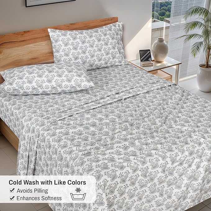 RUVANTI Flannel Sheets Full Size - 100% Cotton Double Brushed Bed Sheets Set, Deep Pockets 16 Inches, All Seasons Breathable & Extra Soft Full Sheets, Warm & Cozy, 4 Piece, Old School Paisley