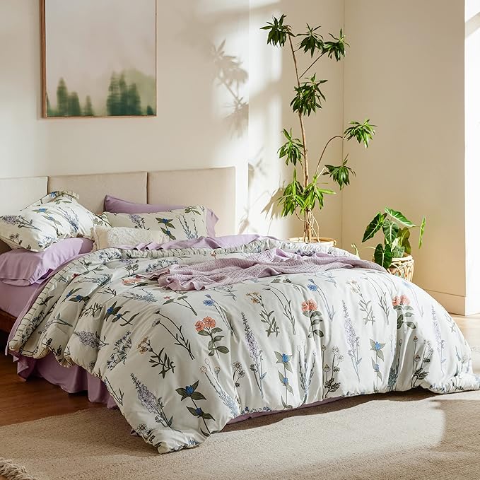 Bedsure Comforter Set Full Size - Cute Floral Bedding Comforter Set, 3 Pieces, 1 Soft Reversible Coconut White Botanical Flowers Comforter and Pillow Shams