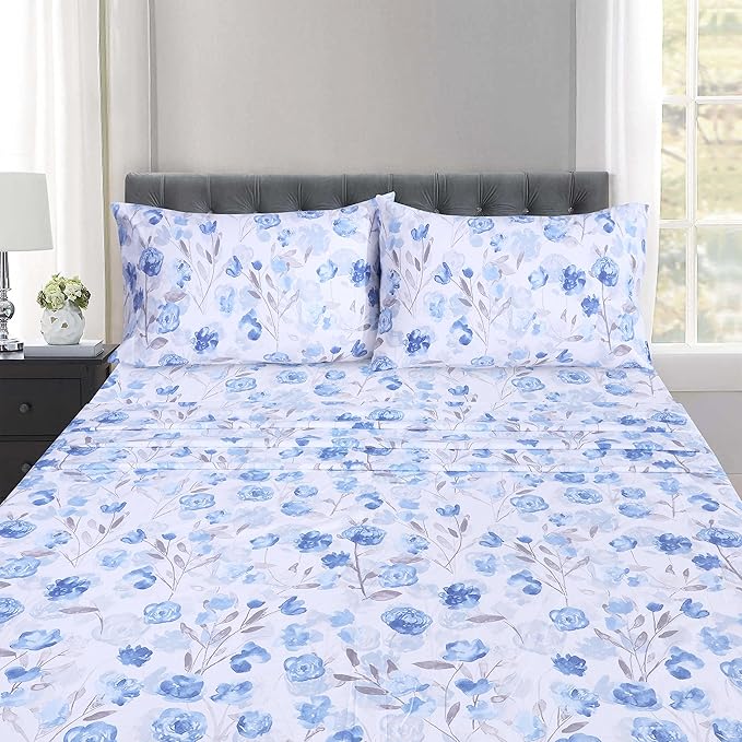 RUVANTI 100% Cotton Sheets Queen Size Set, 4 Pieces, Soft & Breathable Percale Weave Bedding, Deep Pocket 16", Hotel Standard, Crisp Cool Feeling, Durable, Perfect Floral Bed Sheet, Monotones
