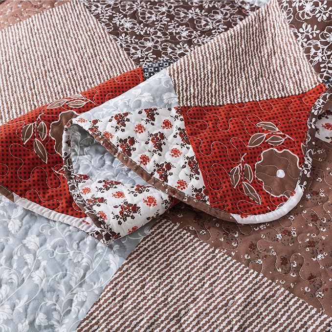 HoneiLife Quilt Set King Size - 3 Piece Microfiber Bedspread Reversible Coverlet Patchwork Bedding Set Lightweight Bedcover Floral Bedspreads All Season Quilts-Amaranth Red