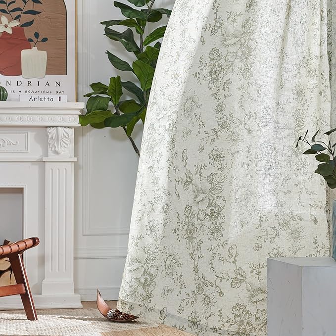 jinachan Pinch Pleated Curtains Floral Linen Blend Curtains for Living Room 96 Inches Length Christmas Green Peony Flower Printed Curtain Rod Pocket Back Tab Farmhouse Drapes with Hooks Set 2 Panels