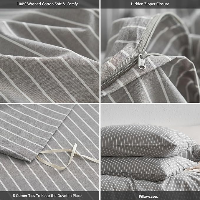 MooMee Striped Duvet Cover Set 100% Washed Cotton Linen Like Textured Breathable Durable Soft Comfy (Light Grey White Wide Stripes, Alaska King 132"x120")