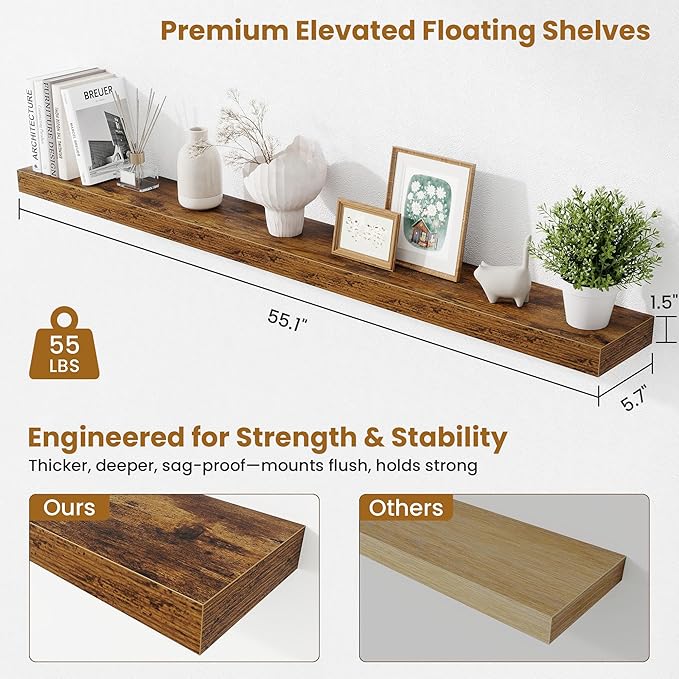 Fun Memories 55 Inch Floating Shelves Bedroom, Large Extra Floating Shelf Set of 2 with Invisible Brackets, Rustic Brown