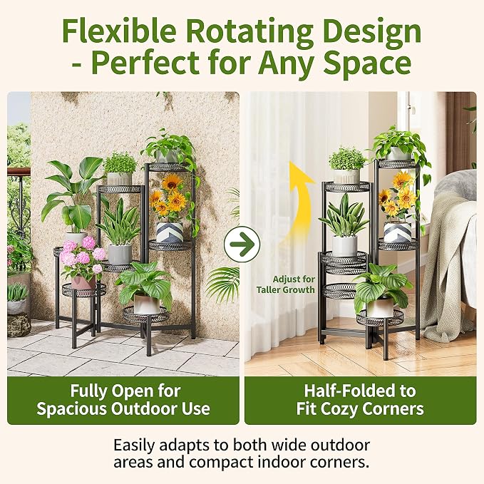 Plant Stand Indoor Outdoor, 7 Tier Large Plant Stand with 7.9-Inch Wide Drainage Tray, Tiered Corner Metal Iron Flower Display Holder Shelf, Folding Tall Rack for Patio Balcony Porch - BlackFlower