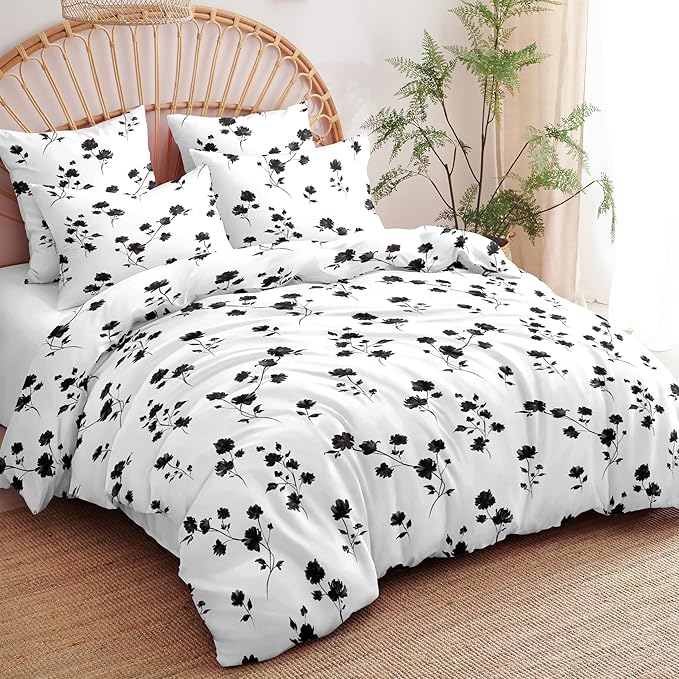 Nayoroom Black Floral Duvet Cover Queen Size Elegant French Cottagecore Bedding Set 3 Pieces Soft Lightweight Microfiber Aesthetic Bedding Set with Pillowcases, Black and White