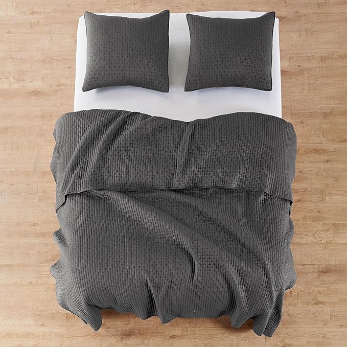 Levtex Home Cross Stitch Reversible King Bedspread Set (120x104in) with 2 Pillow Shams (36x20in) - Stitch Texture - Charcoal - Cotton King Size Bedspread Set - Soft, Pre-Washed