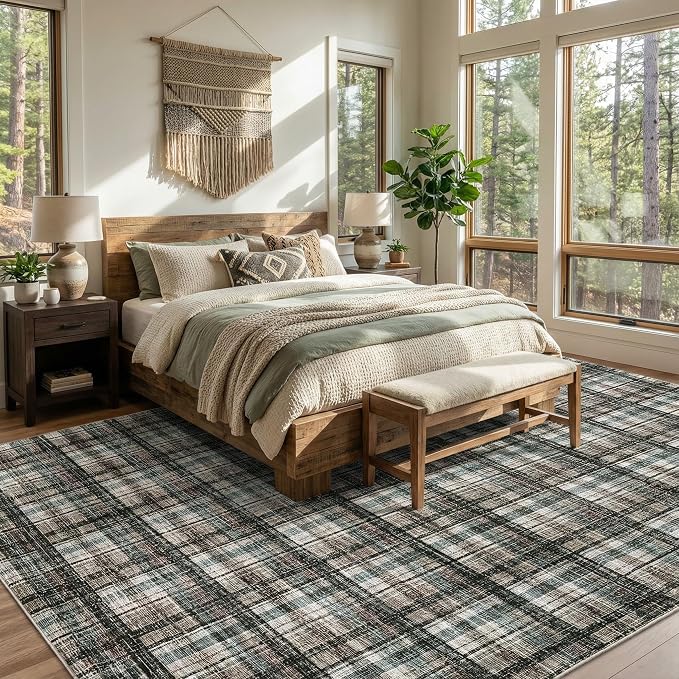 Washable Rug 4x6 Area Rug for Living Room Modern Non Slip Throw Rugs Farmhouse Bedroom Rugs Low Pile Soft Non Shedding Stain Resistant Carpet for Dining Room Nursery 4'x6' Green&Taupe