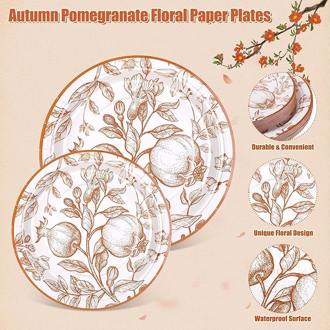 96 Pieces Fall Disposable Pomegranate Paper Plates Thanksgiving Vintage Floral Party Supplies Orange Floral Tableware Set Includes Paper Plates Cups Napkins Serve 24 for Wedding Baby Shower
