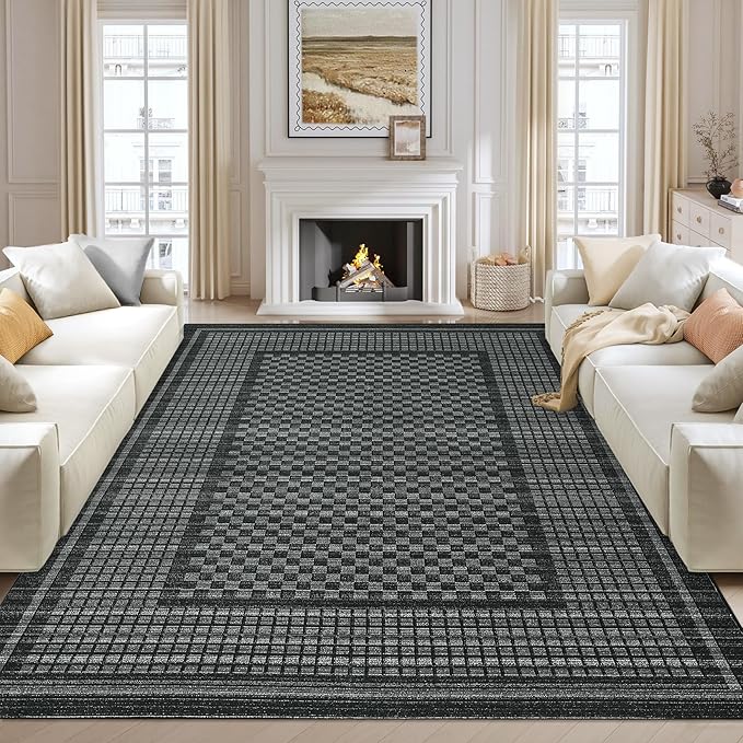Large Area Rug 10x13 Rug for Living Room Modern Black Checkered Washable Bedroom Rug Farmhouse Non Slip Throw Rugs Soft Low Pile Stain Resistant Carpet for Dining Room Department 10'x13'