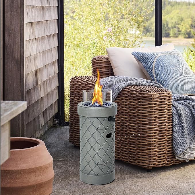 1 lb Column Propane Fire Pit, 10,000 BTU Gas Fire Pit, Outdoor Firepit for Patio w/Wind Glass Shield, Glass Rocks