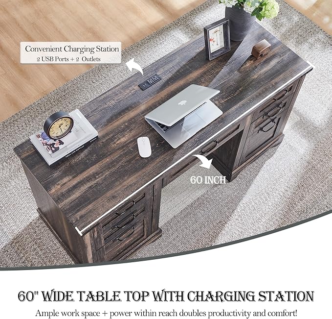 RedLemon 60" Farmhouse Executive Desk, Home Office Desk with Drawers, Charging Station, Keyboard Tray, File Drawer, Storage Cabinet, Wood Rustic Computer Writing Desk (Dark Rustic Oak)