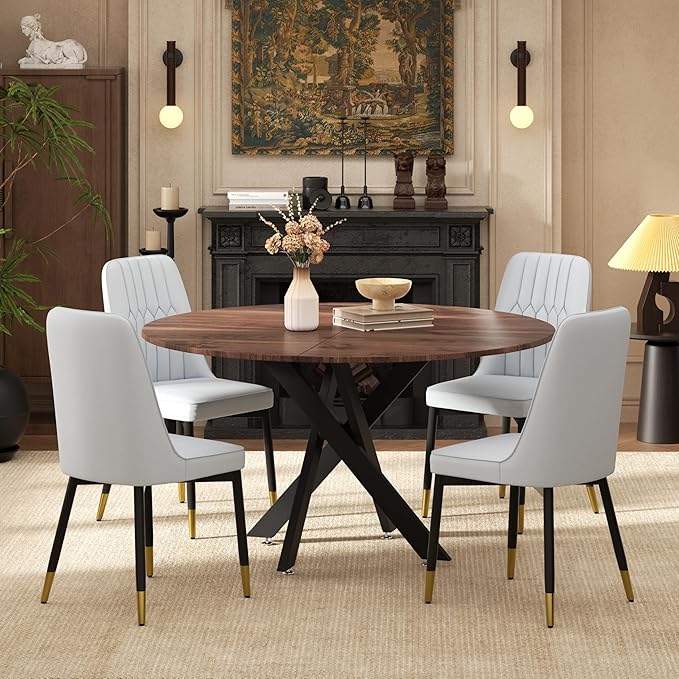 RGZ Mid Century Walnut Round Dining Table Set for 4, 47" Large Wooden Circle Kitchen Table & 4 Light Gray PU Leather Kitchen Chairs, Dinner Table Set for Home, Apartment, Dining Room