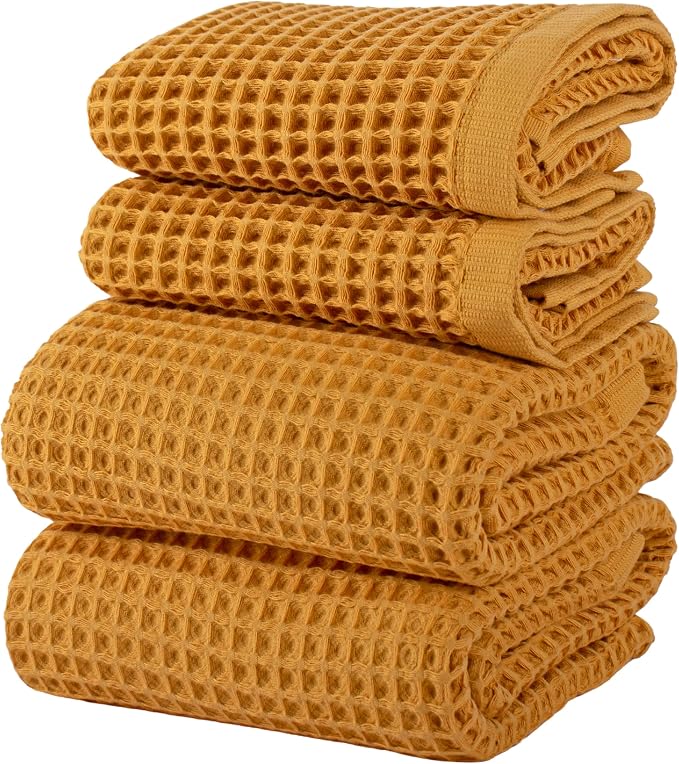 PÜSKÜL 4-Piece Natural 100% Turkish Cotton Luxury Waffle Towels for Bathroom | Premium Honeycomb Weave 2 Hand Towel & 2 Bath Towel Set | Soft Absorbent Quick-Dry Lightweight Towels (Mustrad Yellow)