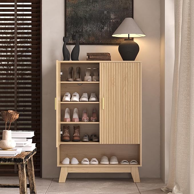 BOXACTION 4-Tier Fluted Shoe Cabinet with 2 Doors & Open Shelf, Mid Century Modern Shoe Storage Organizer with Adjustable Shelves, Metal Handles & Wood Legs, Hidden Shoe Rack for Entryway, Hallway