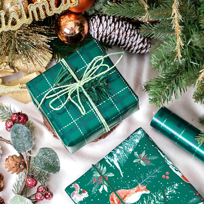 LeZakaa Green Christmas Wrapping Paper Roll, Fox, Squirrel, Reindeer & Chrismas Tree, Green Plaid for Winter Holiday Party, 17 x 120 inches, 3 Mini Rolls