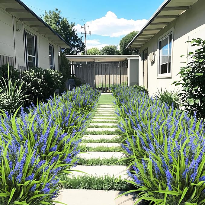 Ouddy Decor 24 Bundles Artificial Flowers for Outdoors, Fake Lavender Flowers Monkey Grass Faux Plastic Plants Shrubs UV Resistant for Porch Garden Window Box Office Home Decorations, Purple
