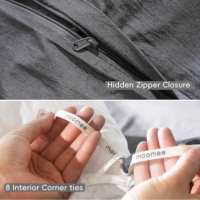 MooMee Bedding Duvet Cover Set 100% Washed Cotton Linen Like Textured Breathable Durable Soft Comfy (Heathered Dark Grey, Super King 108"x98")