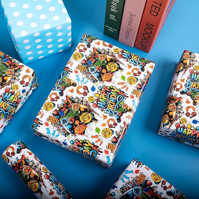 Altarho Reversible Birthday Gaming Wrapping Paper Roll - 17 Inch x 33 Feet - Video Game Birthday Gift Wrap for Game Lover Party