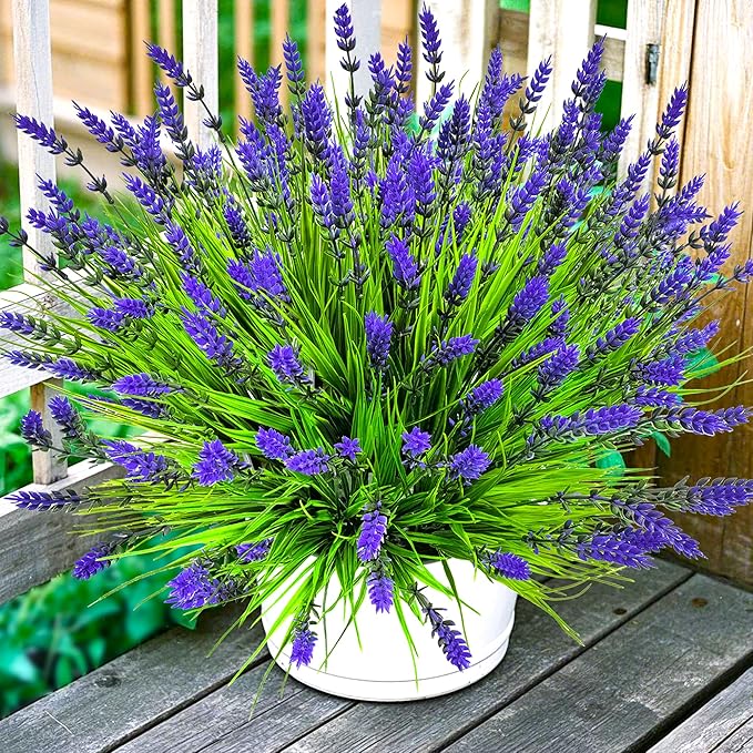 Artificial Faux Plants Flowers for Outdoors Decor, 22 Pcs Fake Lavender Flowers Outdoor UV Resistant, Realistic No Fade Realistic Outdoor Plants Greenery Shrubs for Porch Garden Yard Window Box Home