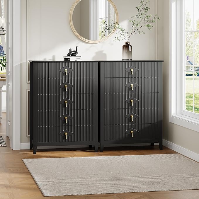 GarveeHome Fluted Dresser for Bedroom, 42.9" Tall 5-Drawer Wood Dresser, Modern Chest of Drawers, Storage Organizer Cabinet for Living Room, Hallway, Entryway, Black