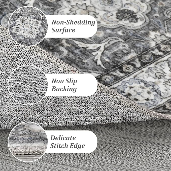 GAOMON Area Rug 5x7 Boho Vintage Rug Small Indoor Area Rug Distressed Floral Print Floor Carpet Cover Washable Foldable Accent Rug for Bedroom Living Room Kitchen, 5’x7’, Grey