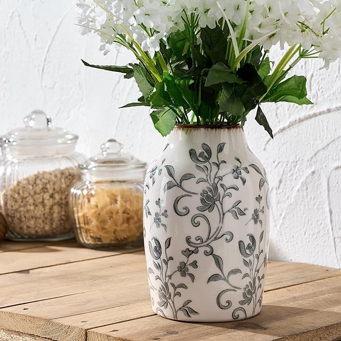 SIDUCAL Ceramic Vintage Vase, 7 Inch Retro Ice Cracked Chinoiserie Floral Vase, Rustic Farmhouse Vases for Home Decor, Bookshelf, Office, Garden, Chinoiserie Decor, Tuscan Decor, Gray Floral Pattern