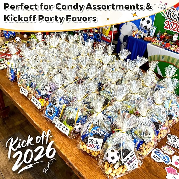 PigPotParty Cellophane Bags 8"x11", 100 Pack Clear Gift Bags, Bottom Gusset for Stand-Up Display, Plastic Cellophane Gift Wrap, Ideal for Mugs, Goodies, Treats, Party Favors, Includes Gold Ties