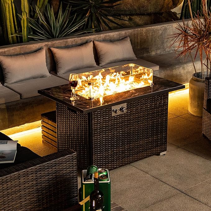 44" Propane Gas Fire Pit Table, 50000 BTU Rectangular W/Glass Wind Guard Fire Pit, Tile Tabletop with Beautiful Wicker Base for Outside Patio Deck Garden Courtyard