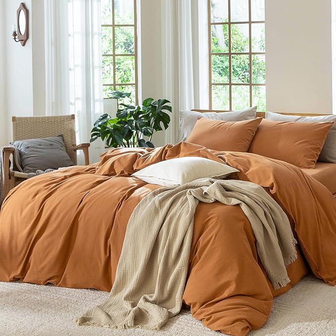 MooMee Bedding Duvet Cover Set 100% Washed Cotton Linen Like Textured Breathable Durable Soft Comfy (Solid Burnt Orange, Full 80"x90")