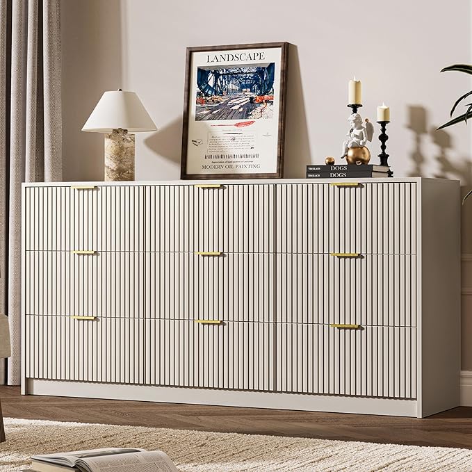 3-Piece Dresser Bedroom Set, 9 Drawer Dresser & 3 Drawer Nightstands with Gold Handles, Fluted Wood Chest of Drawers for Bedroom, Living Room, Entryway, Beige