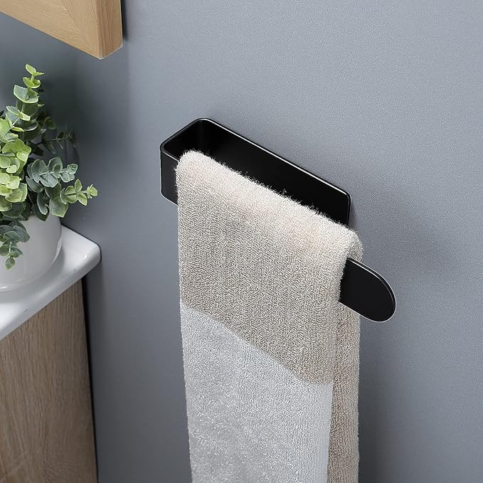 Taozun Hand Towel Bar Bathroom Towel Holder Black Single Towel Rack Self Adhesive Towel Ring Stainless Steel Towel Rail for Bathroom Kitchen, 2 Packs