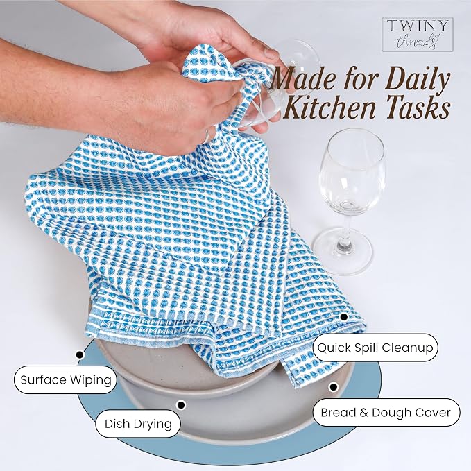 TWINY threads Circle Waffle Dish Towels 4 Pack, 16x26 Inches, 100% Cotton, Premium, Heavy Duty, Soft Touch, Waffle Weave Tea Cloths, Excellent for Wiping Counters, Washing Dishes, Turquoise Blue