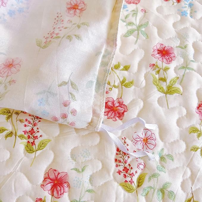 EAVD French Garden Style Pink Flower Duvet Cover with Ruffles Queen Soft Cotton Chic Shabby Pink Floral Bedding Set with 2 Pillowcases Romantic Botanical Print Duvet Cover with Zipper Closure