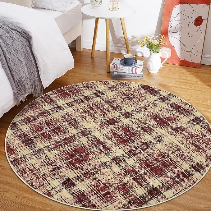Tartan Plaid Round Area Rugs 4ft, Washable Non-Slip Soft Small Round Rug 4x4 Ultra-Thin Circle Low Pile Stain Resistant Carpet for Bedroom Entryway Kitchen Laundry Bathroom, Red